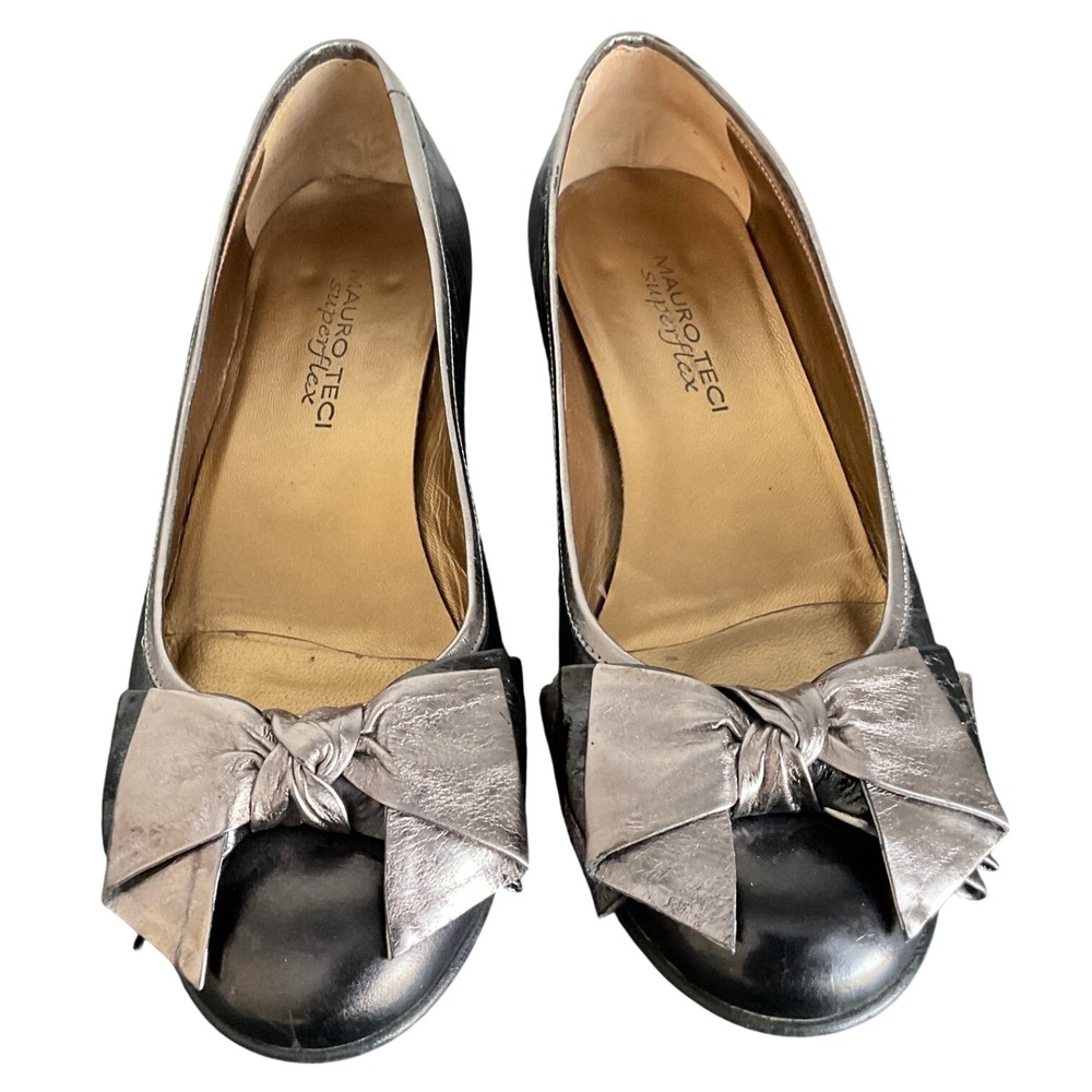 Mauro Teci Silver Metallic Leather Bow Ballet Flats Made in Italy 38.5